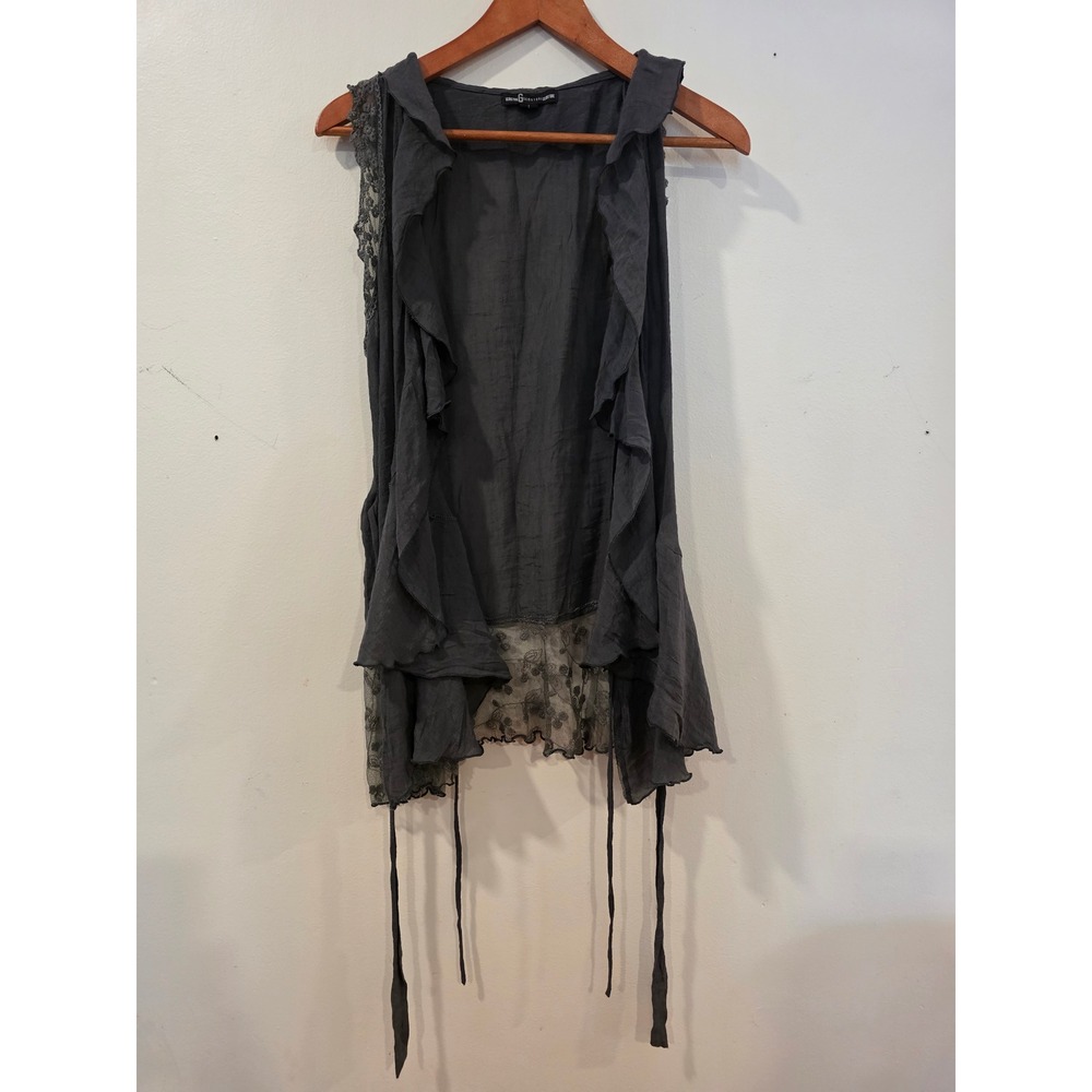 Gemstone Dark Gray Boho Open Vest Goblincore Sheer Lace Cascade Ruffles L